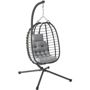 MHSTAR UK LTD Outsunny Rattan Hanging Egg Chair, Foldable Wicker Hammock Swing Chair with Cushion, Stand, Adjustable Height, Head Pillow, Steel Frame for Garden Pat