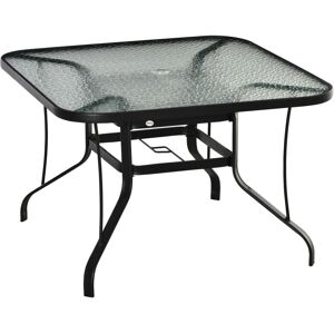 MHSTAR UK LTD Outsunny 106.5cm Square Garden Table with Parasol Hole, Outdoor Patio Dining Table with Tempered Glass Top, Steel Frame for Garden, Lawn, Patio, Black