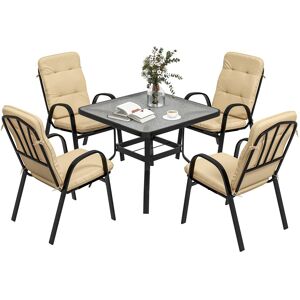 MHSTAR UK LTD Outsunny 5 Pieces Garden Dining Set, Outdoor Square Dining Table and 4 Cushioned Armchairs, Tempered Glass Top Table w/ Umbrella Hole, Texteline Seats