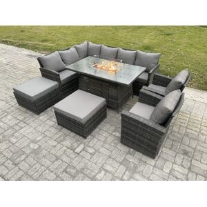 HOME AND GARDEN FURNITURE LIMITED Fimous 10 Seater Outdoor Rattan Garden Furniture Set Corner Sofa Gas Fire Pit Dining Table Sets Gas Heater with 2 Big Footstool 2 Armchair Dark Grey M