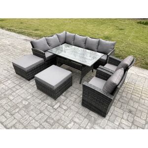 HOME AND GARDEN FURNITURE LIMITED Fimous 10 Seater Outdoor Rattan Garden Furniture Set with Rectangular Dining Table 2 Big Footstool 2 Armchiars Patio Wicker Corner Sofa Set Dark Grey