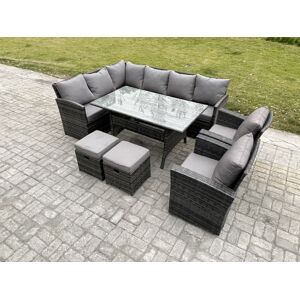 HOME AND GARDEN FURNITURE LIMITED Fimous 10 Seater Outdoor Rattan Garden Furniture Set with Rectangular Dining Table 2 Small Footstool 2 Armchairs Patio Wicker Corner Sofa Set Dark Gre
