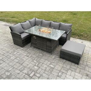 HOME AND GARDEN FURNITURE LIMITED Fimous 7 Seater Rattan Garden Furniture Sets High Back Corner Sofa Fire Pit Dining Table Sets Gas Heater with Big Footstool Dark Grey Mixed