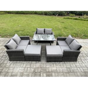 HOME AND GARDEN FURNITURE LIMITED Fimous 8 Seater Garden Dining Set Wicker PE Rattan Outdoor Furniture Sofa with Rectangular Dining Table Double Seat Sofa 2 Big Footstool Dark Grey Mix