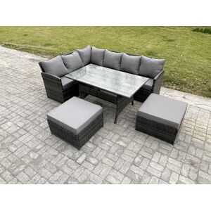HOME AND GARDEN FURNITURE LIMITED Fimous 8 Seater Outdoor Rattan Garden Furniture Set with Rectangular Dining Table 2 Big Footstool Patio Wicker Corner Sofa Set Dark Grey Mixed