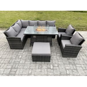 HOME AND GARDEN FURNITURE LIMITED Fimous 9 Seater Outdoor Rattan Garden Furniture Set Corner Sofa Gas Fire Pit Dining Table Sets Gas Heater with Big Footstool 2 Armchair Dark Grey Mixe