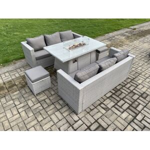 HOME AND GARDEN FURNITURE LIMITED Fimous Garden Dining Sets Outdoor PE Rattan Furniture Gas Fire Pit Dining Table Gas Heater with 2 Small Footstool Light Grey