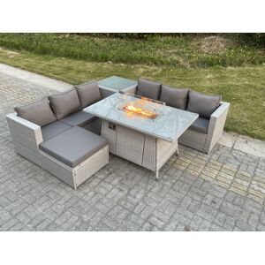 HOME AND GARDEN FURNITURE LIMITED Fimous Light Grey Corner Rattan Fire Pit Garden Furniture Set Gas Heater Burner Lounge Sofa With Side Coffee Table Big Footstool