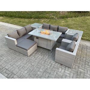 HOME AND GARDEN FURNITURE LIMITED Fimous Light Grey Rattan Fire Pit Garden Furniture Set Gas Heater Burner Lounge Sofa Dining Set 2 Coffee Table Chairs Footstool