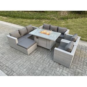 HOME AND GARDEN FURNITURE LIMITED Fimous Light Grey Rattan Garden Furniture Set Gas FirePit Dining Table Heater Burner Lounge Sofa Set Chairs Footstool