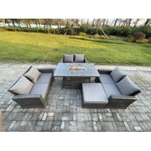 HOME AND GARDEN FURNITURE LIMITED Fimous Outdoor Garden Dining Sets 7 Seater Rattan Patio Furniture Sofa Set with Gas Firepit Table Double Seat Sofa Big Footstool Dark Grey Mixed