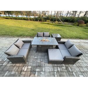 HOME AND GARDEN FURNITURE LIMITED Fimous Outdoor Garden Dining Sets 7 Seater Rattan Patio Furniture Sofa Set with Gas Firepit Table Double Seat Sofa Big Footstool Side Table Dark Grey