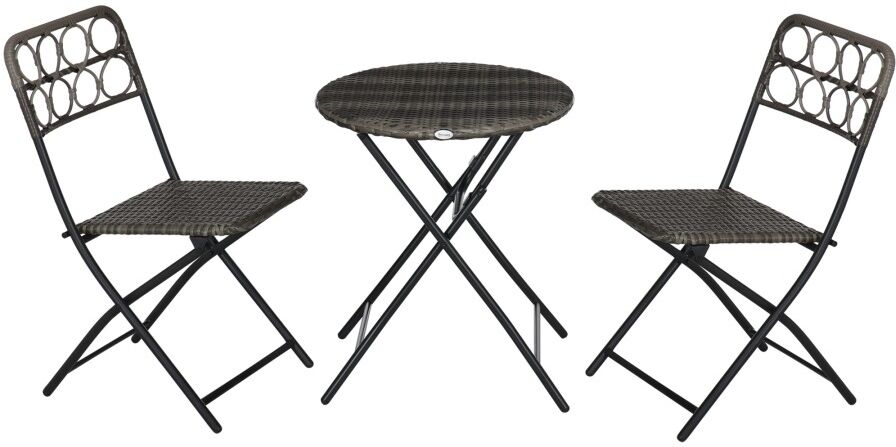 MHSTAR UK LTD Outsunny 3 PCS Rattan Wicker Bistro Set with Easy Folding, Hand Woven Rattan Coffee Table and Chairs for Outdoor Lawn, Pool, Balcony & Garden, Grey
