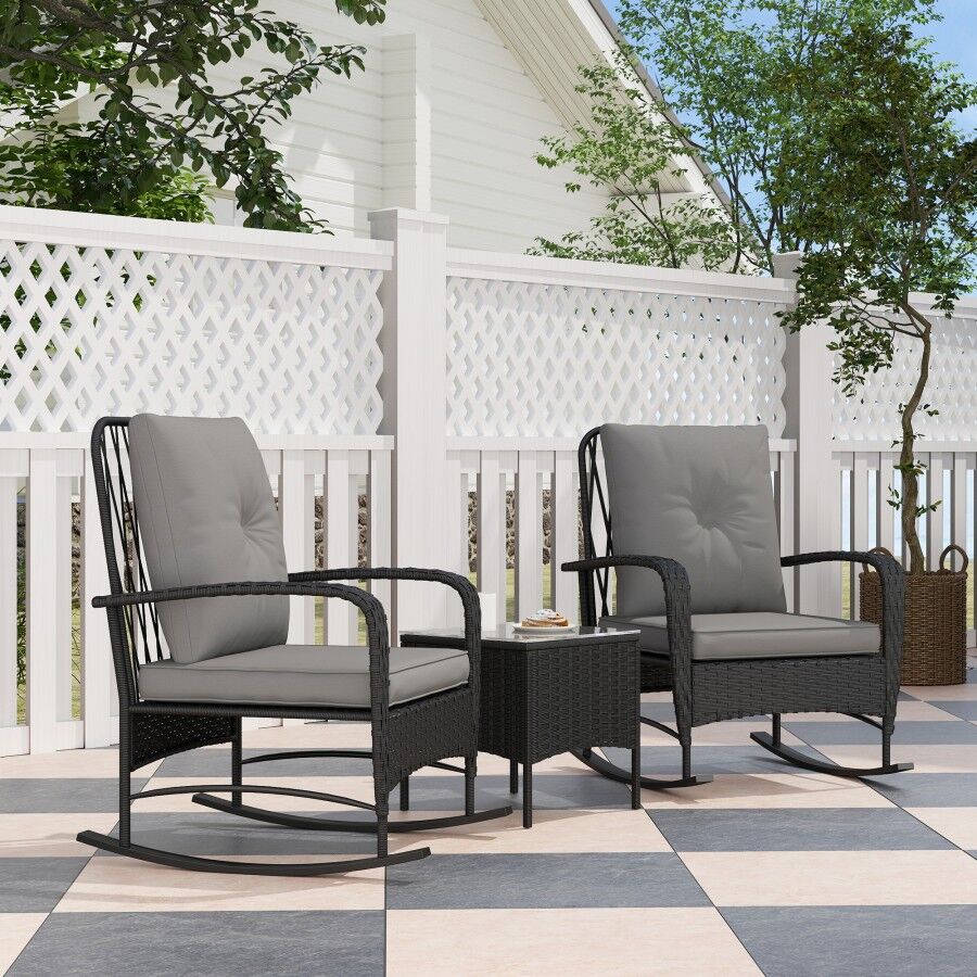 MHSTAR UK LTD Outsunny 3 Pieces Rattan Bistro Set, Wicker Garden Furniture Set with Cushions, Glass Top Coffee Table and Rocking Chairs, Small Balcony Furniture for