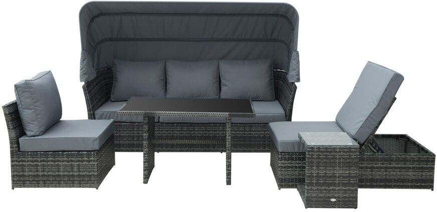 MHSTAR UK LTD Outsunny 5 PCS Outdoor Rattan Wicker Sofa Sets Reclining Sofa Adjustable Canopy & Side Table Dining Table Set Sectional Conversation Furniture w/ Cush