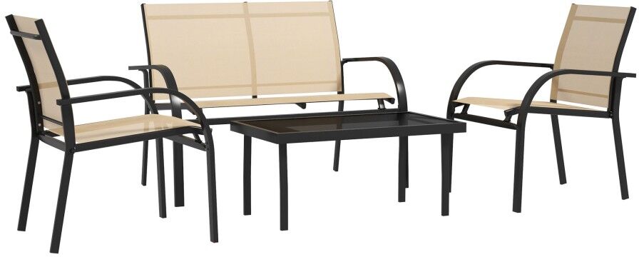 MHSTAR UK LTD Outsunny 4 Pcs Curved Steel Outdoor Furniture Set w/ Loveseat, 2 Texteline Seats, Glass Top Table Garden Balcony Patio Furniture For Family Party Even