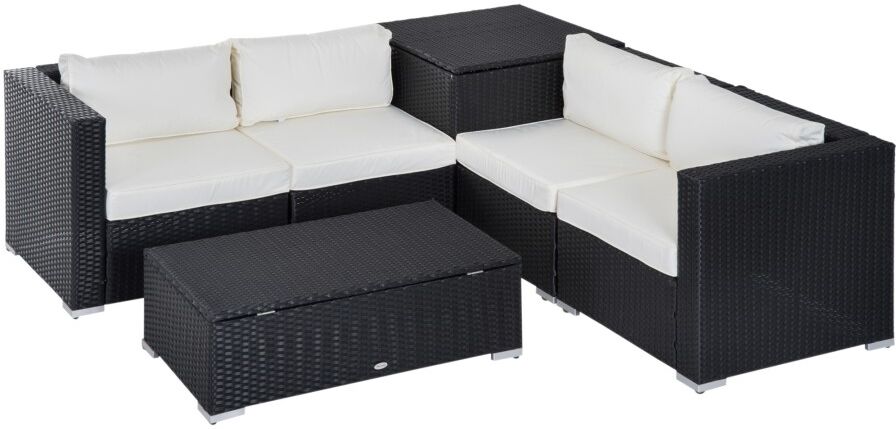 MHSTAR UK LTD Outsunny 6PC Rattan Corner Sofa Set Wicker 4 Seater Garden Storage Coffee Table Conversation Ottoman Outdoor Weave Furniture w/ Cushion Black