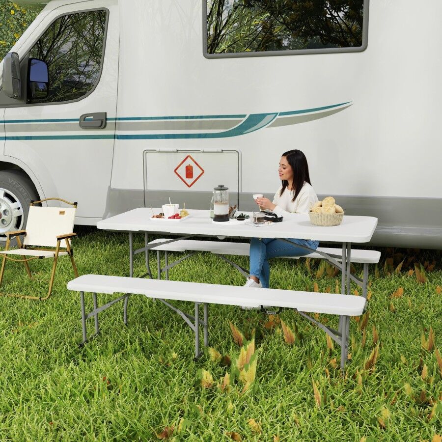 MHSTAR UK LTD Outsunny 3 Piece 6ft Folding Picnic Table and Bench Set, Portable HDPE Camping Table and Chairs with Carrying Handles for Indoor Outdoor, Dining, Camp