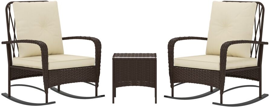 MHSTAR UK LTD Outsunny 3 Pieces Rattan Bistro Set, Wicker Garden Furniture Set with Cushions, Glass Top Coffee Table and Rocking Chairs, Small Balcony Furniture for