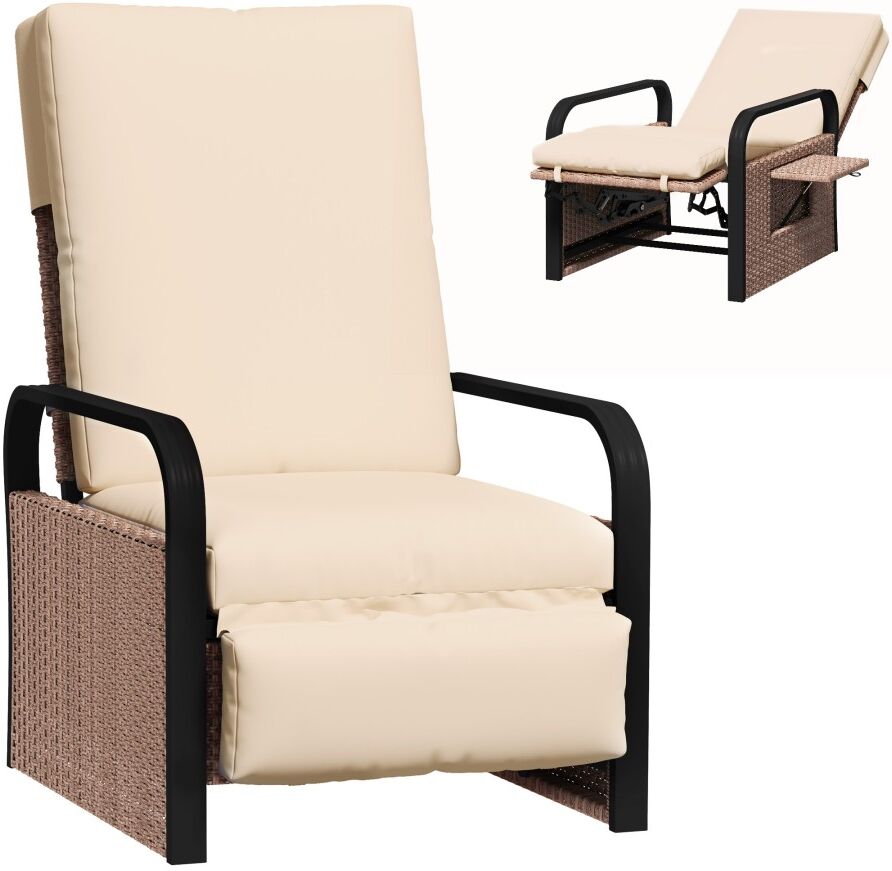 MHSTAR UK LTD Outsunny Rattan Garden Recliner Chair, Reclining Rattan Chair with Adjustable Backrest and Footrest, Outdoor Lounge Sun Lounger with Cushion, Side Tra