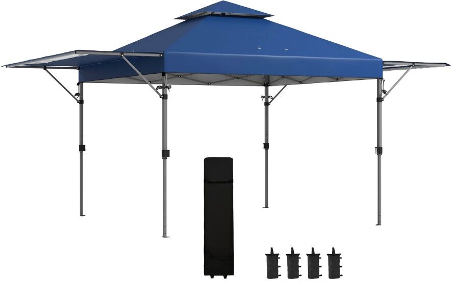 MHSTAR UK LTD Outsunny 5 x 3(m) Pop Up Gazebo with Extend Dual Awnings, 1 Person Easy up Marquee Party Tent with 1-Button Push, Double Roof, Wheeled Bag, Sandbags,