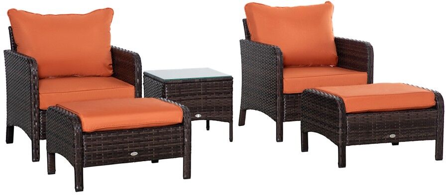 MHSTAR UK LTD Outsunny 5 Pieces PE Rattan Garden Furniture Set with 10cm Thick Padded Cushions, Wicker Weave Outdoor Seating Chairs with 2 Armchairs, 2 Stools, Glas
