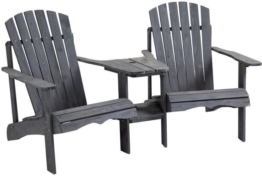 MHSTAR UK LTD Outsunny Wooden Outdoor Double Adirondack Chairs Loveseat w/ Center Table and Umbrella Hole, Garden Patio Furniture for Lounging and Relaxing, Dark Gr