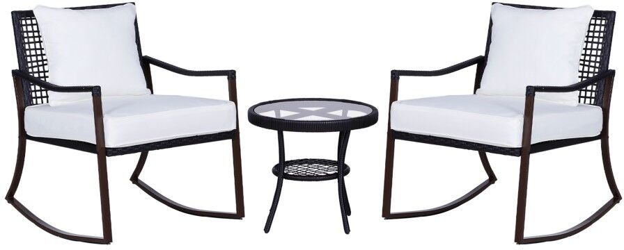 MHSTAR UK LTD Outsunny 3 Pieces PE Rattan Garden Rocking Chair Set w/ Soft Cushion, Outdoor Rocking Bistro Set with Tempered Glass Round Coffee Table, Pillow, Brown