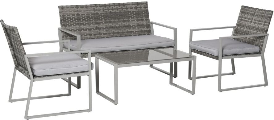 MHSTAR UK LTD Outsunny 4PC Rattan Garden Furniture Set 2 Single Sofa Arm Chairs 1 Bench with Cushions & Coffee Table Patio Backyard Wicker Weave