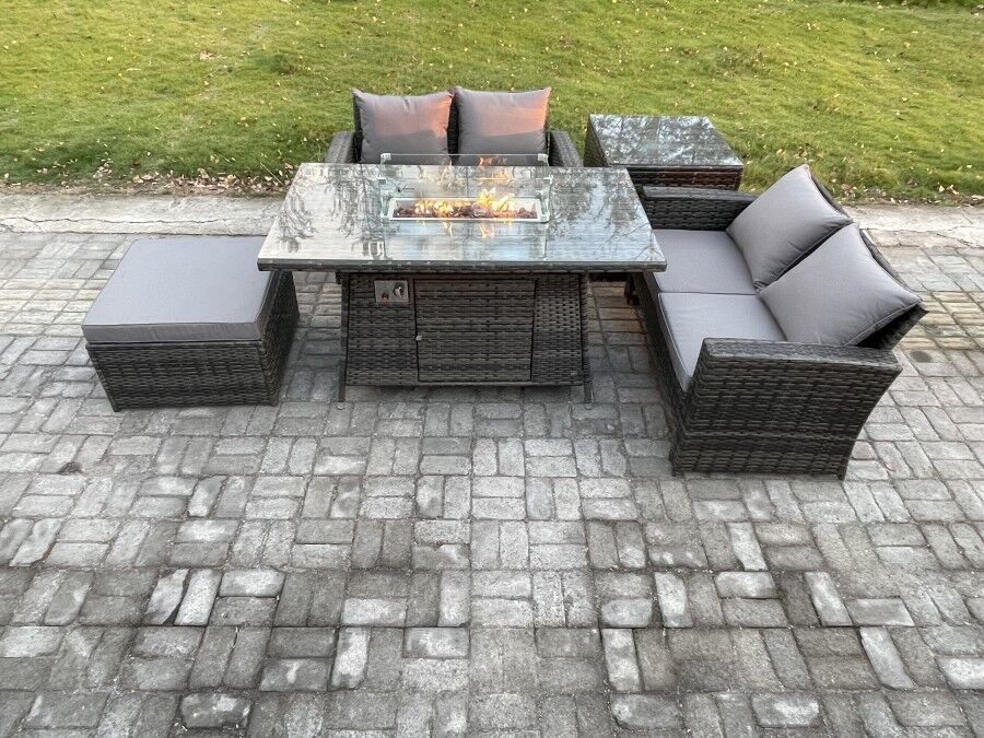HOME AND GARDEN FURNITURE LIMITED Fimous 5 Pieces Garden Furniture Sets Poly Rattan Outdoor Patio Gas Firepit Dining Table Sofa Set with Side Table Big Footstool