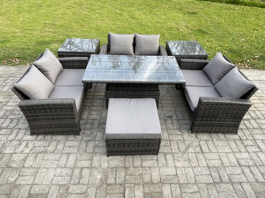 HOME AND GARDEN FURNITURE LIMITED Fimous 7 pieces Outdoor Lounge Sofa Set Wicker PE Rattan Garden Furniture Set with Rising Lifting Table Double Seat Sofa 2 Side Tables Big Footstool D