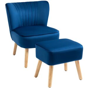 MHSTAR UK LTD HOMCOM Velvet-Feel Accent Chair w/ Ottoman Tub Seat Padding Wood Legs Dark Blue