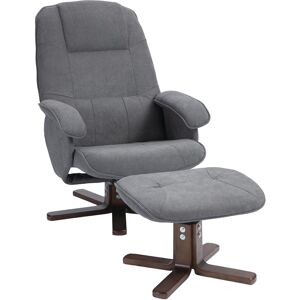 MHSTAR UK LTD HOMCOM Linen Swivel Recliner Chair with Footstool, Upholstered Reclining Armchair with Wooden Base for Living Room, Grey