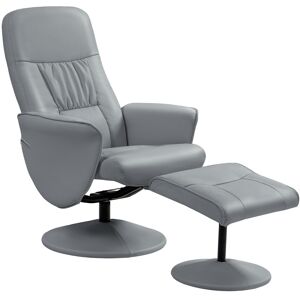 MHSTAR UK LTD HOMCOM Swivel Recliner Chair with Footstool, PU Leather Armchair and Ottoman with High Back and Round Base for Living Room, Light Grey
