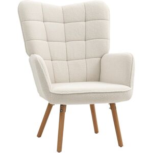 MHSTAR UK LTD HOMCOM Modern Accent Chair, Upholstered Tufted Wingback Armchair with Seat Padding, Teddy Fleece Leisure Lounge Bedroom Chair with Wood Legs, Cream Wh