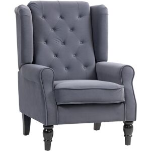 MHSTAR UK LTD HOMCOM Retro Accent Chair, Velvet Wingback Armchair with Wood Frame Button Tufted Design for Living Room Bedroom, Charcoal Grey