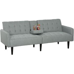 MHSTAR UK LTD HOMCOM Upholstered 3 Seater Sofa Bed, Linen-Feel Sleeper Futon Recliner with Storage and Cupholders, Light Grey
