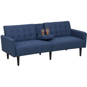 MHSTAR UK LTD HOMCOM Upholstered 3 Seater Sofa Bed, Linen-Feel Sleeper Futon Recliner with Storage and Cupholders, Dark Blue