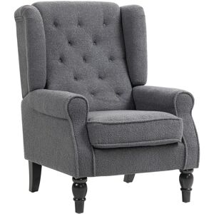 MHSTAR UK LTD HOMCOM Retro Accent Chair, Teddy Fleece Wingback Armchair with Wood Frame Button Tufted Design for Living Room Bedroom, Charcoal Grey