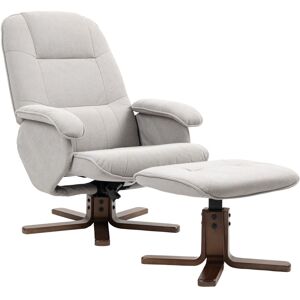 MHSTAR UK LTD HOMCOM Linen Swivel Recliner Chair with Footstool, Upholstered Reclining Armchair with Wooden Base for Living Room, Light Grey