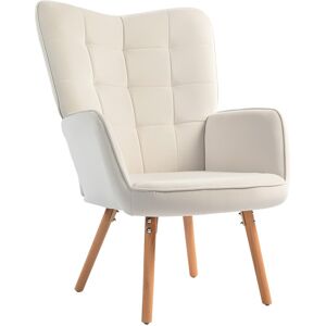 MHSTAR UK LTD HOMCOM Modern Accent Chair Velvet-Touch Tufted Wingback Armchair Upholstered Leisure Lounge Sofa Club Chair with Wood Legs, Cream White