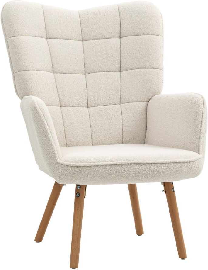 MHSTAR UK LTD HOMCOM Modern Accent Chair, Upholstered Tufted Wingback Armchair with Seat Padding, Teddy Fleece Leisure Lounge Bedroom Chair with Wood Legs, Cream Wh