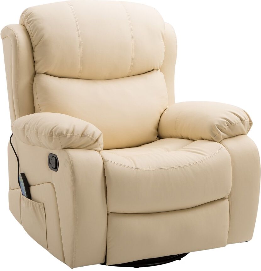 MHSTAR UK LTD HOMCOM PU Leather Massage Recliner Chair with 8 Points and Heat, Manual Reclining Chair with Swivel Base, Footrest and Remote, Rocking Armchair, Beige
