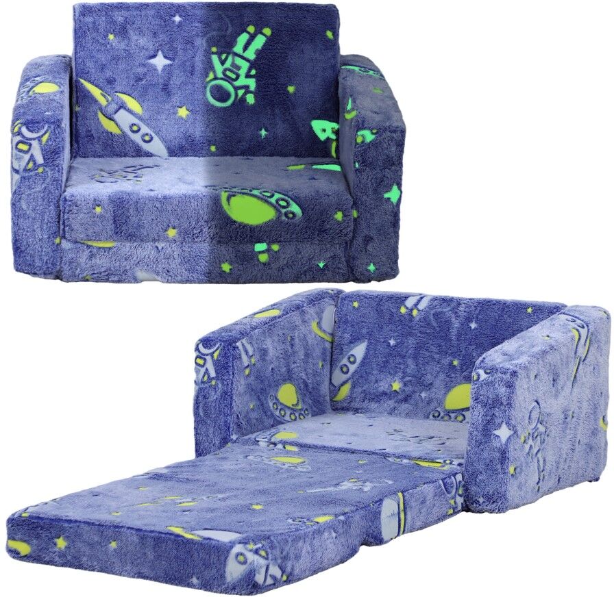 MHSTAR UK LTD AIYAPLAY Kids Chair Bed, 2 in 1 Flip Out Kids Armchair with Glow in The Dark Cosmic Design, Washable Cushion and Cover, Convertible Sofa to Lounger fo