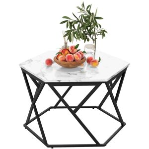 MHSTAR UK LTD HOMCOM Coffee Table with High Gloss Marble Effect Table Top, Modern Cocktail Table with Steel Frame for Living Room, White