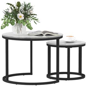 MHSTAR UK LTD HOMCOM Glass Coffee Table Set of 2, Round Nest of Tables with Marble-Effect Tempered Glass Tabletop and Steel Frame, Modern Side Tables for Living Roo