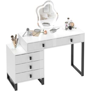 MHSTAR UK LTD HOMCOM LED Lighted Dressing Table with Leaf Shape Mirror, Modern Vanity Desk with 5 Drawers, Makeup Desk with Fluted Panels, White