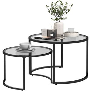 MHSTAR UK LTD HOMCOM Glass Coffee Table Set of 2, Round Nest of Tables with Tempered Glass Tabletop and Steel Frame, Modern Side Tables for Living Room, Black