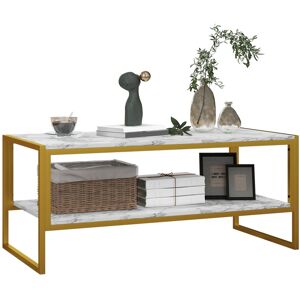 MHSTAR UK LTD HOMCOM Two-Tier Coffee Table, Modern Marble Effect Center Table with Storage Shelf and Metal Frame, Tea Table for Living Room, White