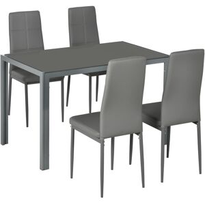 MHSTAR UK LTD HOMCOM 5-Piece Kitchen Dining Table Set with 4 Faux Leather Metal Frame Chairs Glass Tabletop Desk for Dining Room, Kitchen, Dinette, Grey
